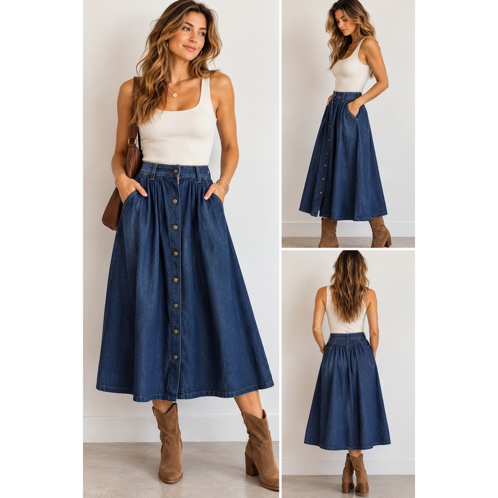 Silvercord Vintage Women's Denim Button Front Midi Skirt Size 14 Prairie Western